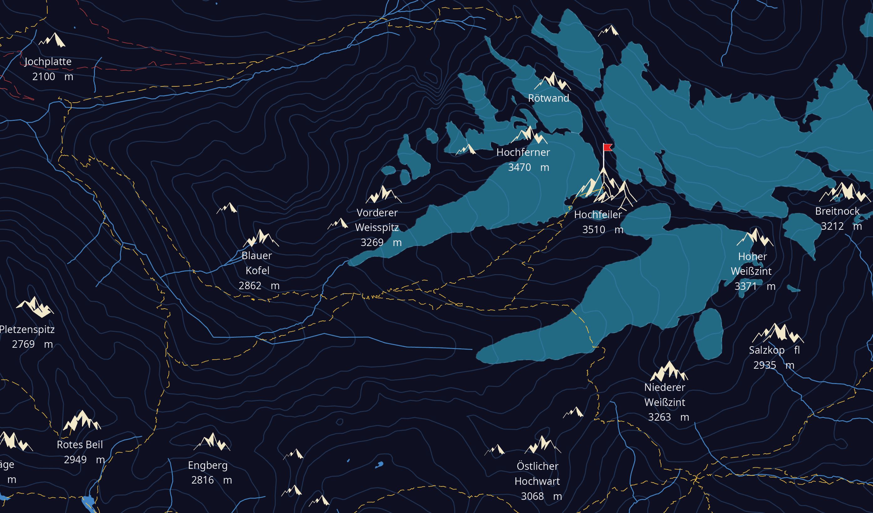 Zoom sur des sommets, Carte de la région du Zillertale, création personnel après un séjour dans cette région d'Autriche, 2020