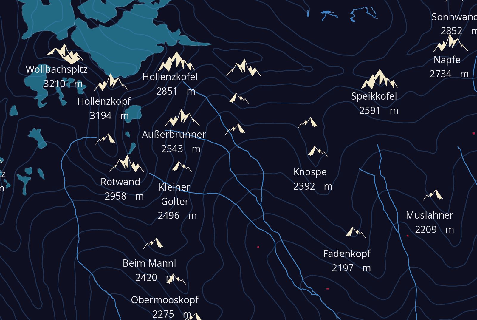 Groupes de sommets, Carte de la région du Zillertale, création personnel après un séjour dans cette région d'Autriche, 2020